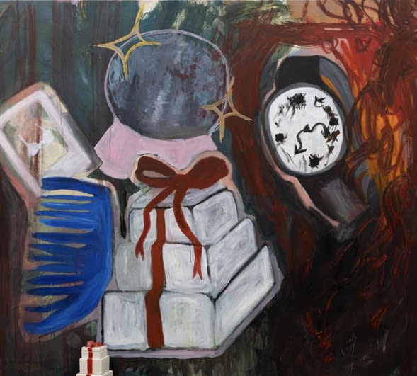 Grace Anderson, Apple (My Husband Dine), 2024, oil and acrylic on canvas, wood, comb, cookie jar, nail polish, watch, 190 x 170 cm (detail)