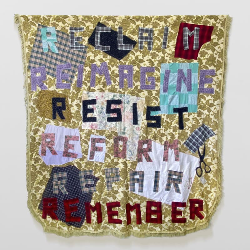 Kate Just, 'RE/QUILT' 2024, hand sewn various fabrics including second hand clothes and coverlet 225 x 205 x 5 cm. Courtesy of the artist and Hugo Michell Gallery, Adelaide.