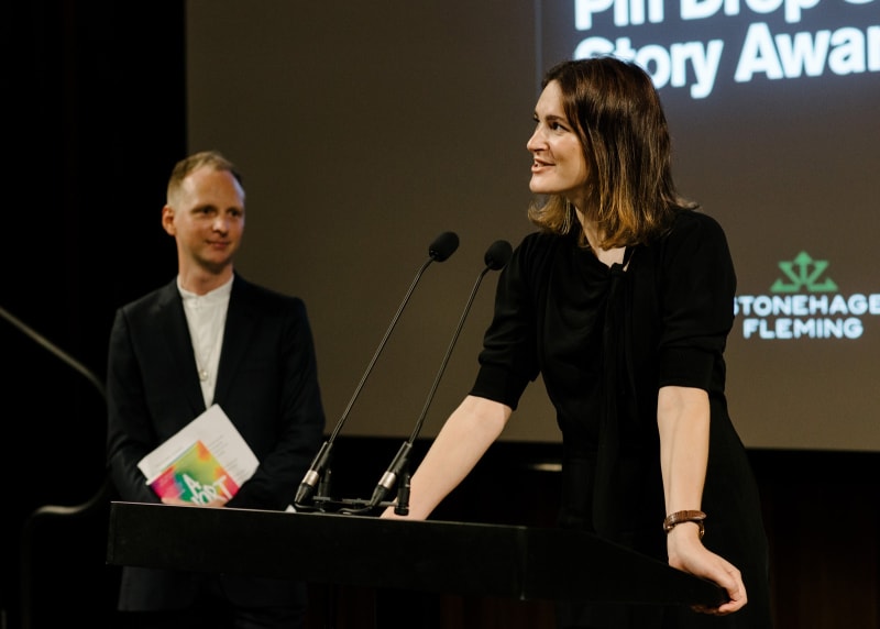 Elizabeth Day and Simon Oldfield at presenting Sophie Ward with the Pin Drop Short Story Award 2018