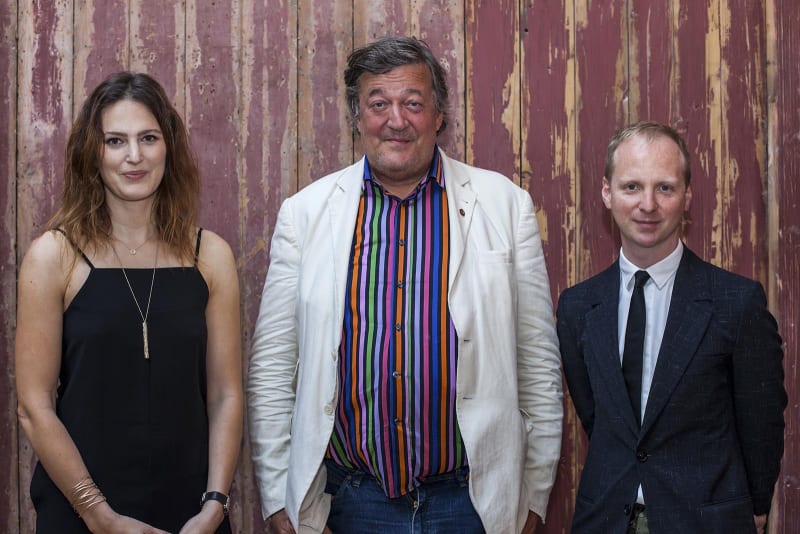 Stephen Fry with Elizabeth Day and Simon Oldfield at Pin Drop at the Royal Academy of Arts