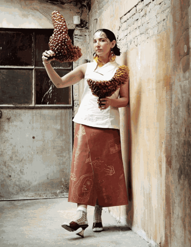 Ori Orisun Merhav in her Brussels studio with her shellac creations, shot for the FT by Catherine Lemblé