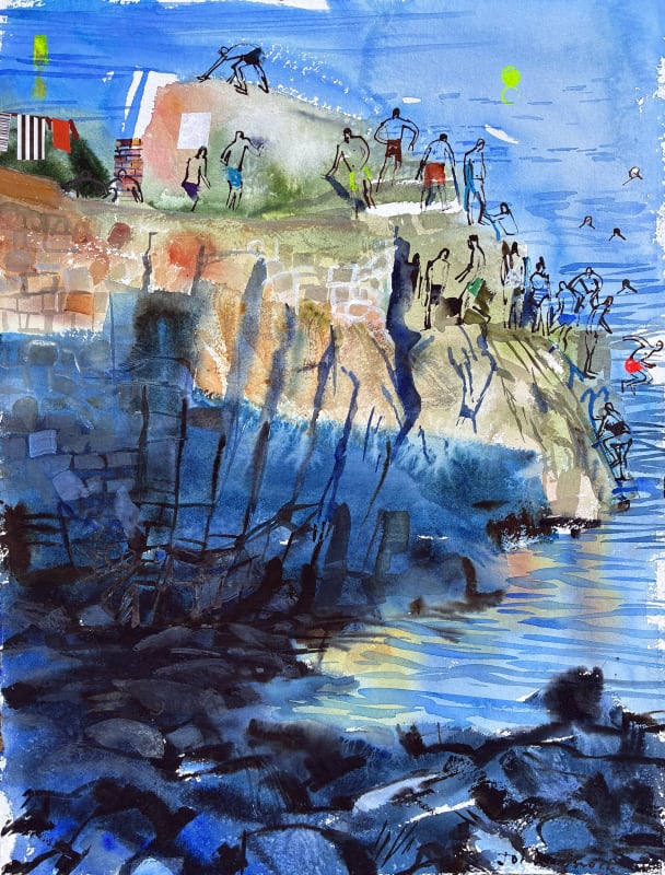 Forty Foot Bathers Jumping, watercolour & inks, 77 x 58cm