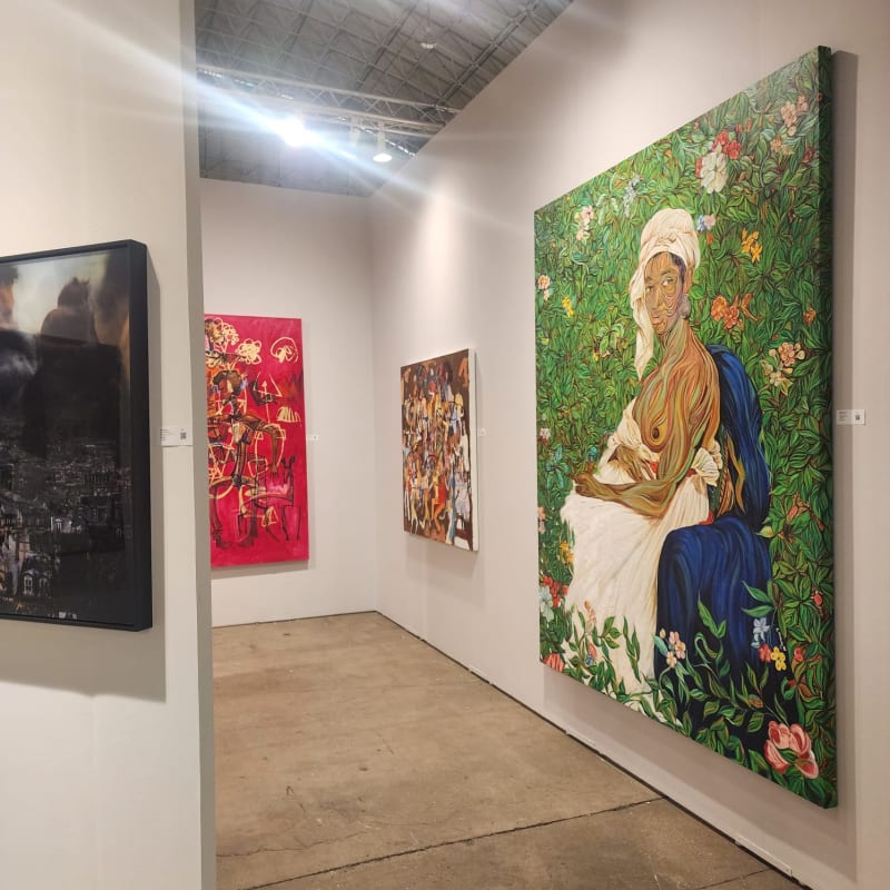 yanda Mabulu's Made in Africa, Oil painting exhibited alongside Papytsho Mafolo mixed media collages and Clint Strydom's layered photographic works