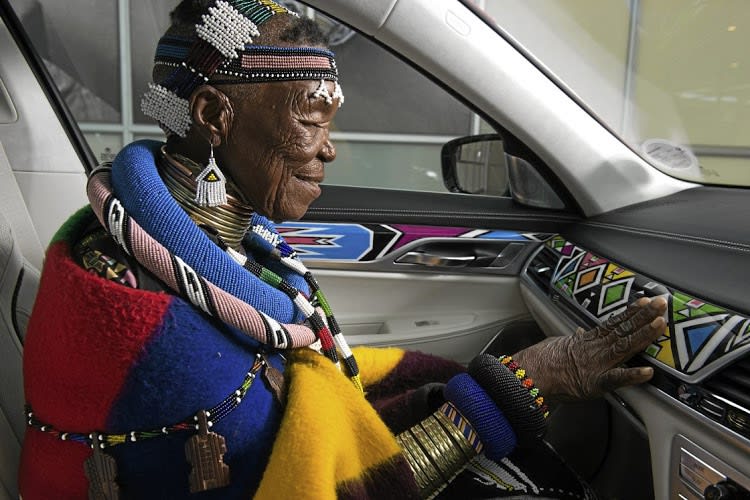 A BMW 7 Series painted by Esther Mahlangu (pictured) was on show at the Joburg Art Fair in 2017. Image: Courtesy of BMW
