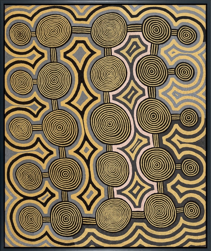 Ronnie Tjampitjinpa’s “Tarkulnga,” 1988, is a ceremonial map of a secret site where men gather. Credit: Ronnie Tjampitjinpa/Copyright Agency, Artists Rights Society (ARS), New York; via Gagosian