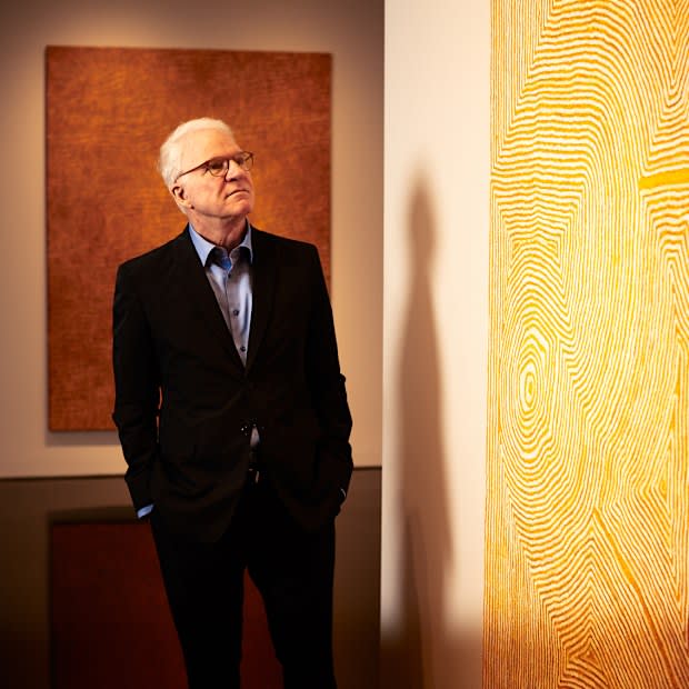 Steve Martin at the “Desert Painters of Australia” show at New York’s Gagosian Gallery in 2019. He became transfixed by Indigenous art when he first saw it in 2015. The Washington Post