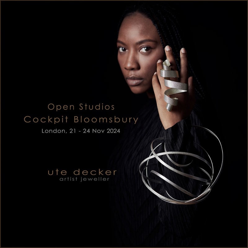 Ute Decker showing at Cockpit Studios - Open Studios in Bloomsbury London, picture shows model wearing sculptural bracelet and sculptural ring by Ute Decker