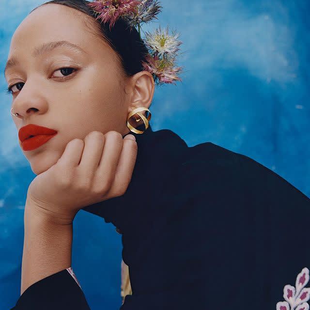 Sculptural curl earrings in 18 kt Fairtrade Gold featured in British Vogue photographed by Nadine Ijewere