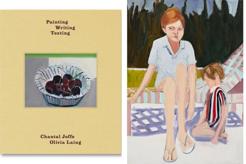 Left: Painting Writing Texting, by Chantal Joffe and Olivia Laing, published by MACK. Right: Chantal Joffe, Sanibel, 2025. Oil on canvas. 215 x 152 cm, 84 5/8 x 59 7/8 in© Chantal Joffe. Courtesy the artist and Victoria Miro.