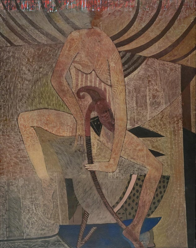 Stylised image of a woman with open legs holding a staff in one of her hands.