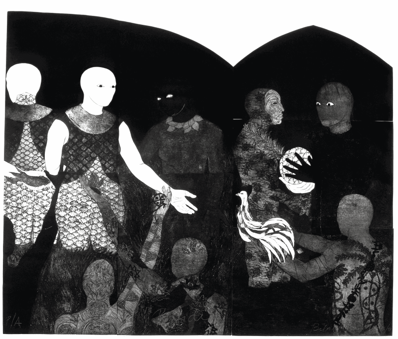 Stylised black and white scene of multiple people gathering, the figures either have black or white skin.