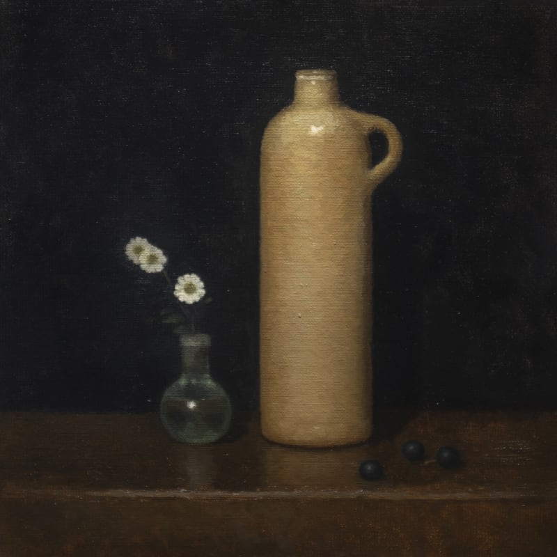 Ceramic Gin Bottle and Feverfew, 2021 oil on linen 12 x 12 inches