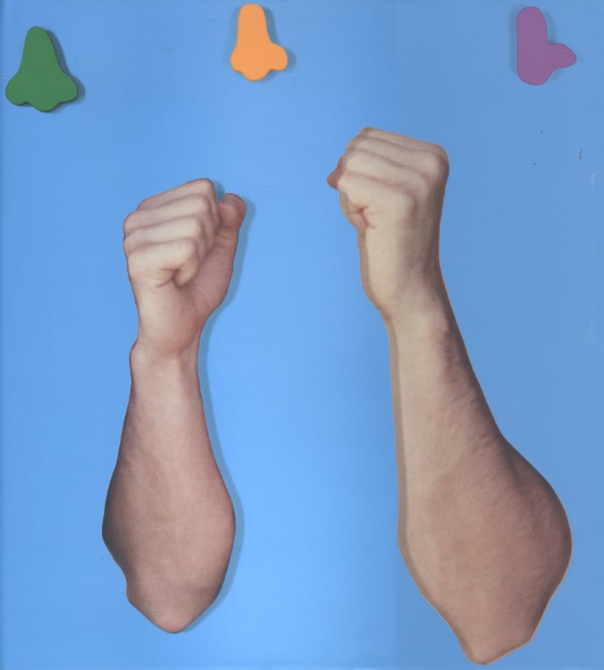 Image of two disconnected arms in fists against a blue background. Above, three green, yellow, and purple nose shaped shapes linger.