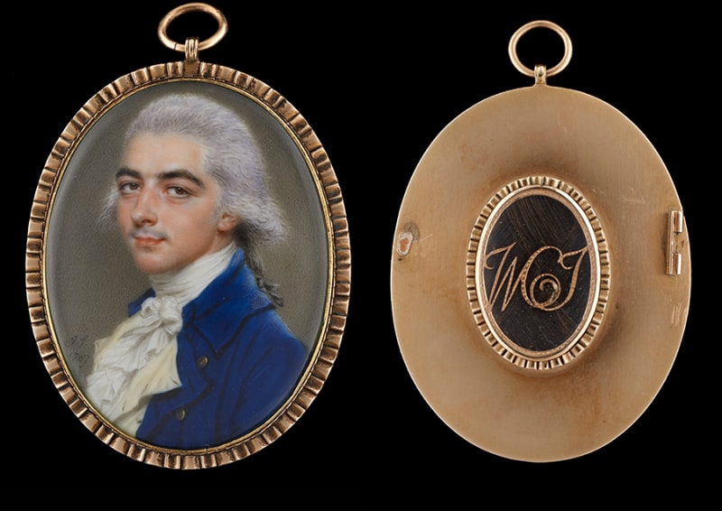 a gentleman painted by portrait miniautrist john smart during the eighteenth century john smart has rendered him in a blue jacket and white cravat