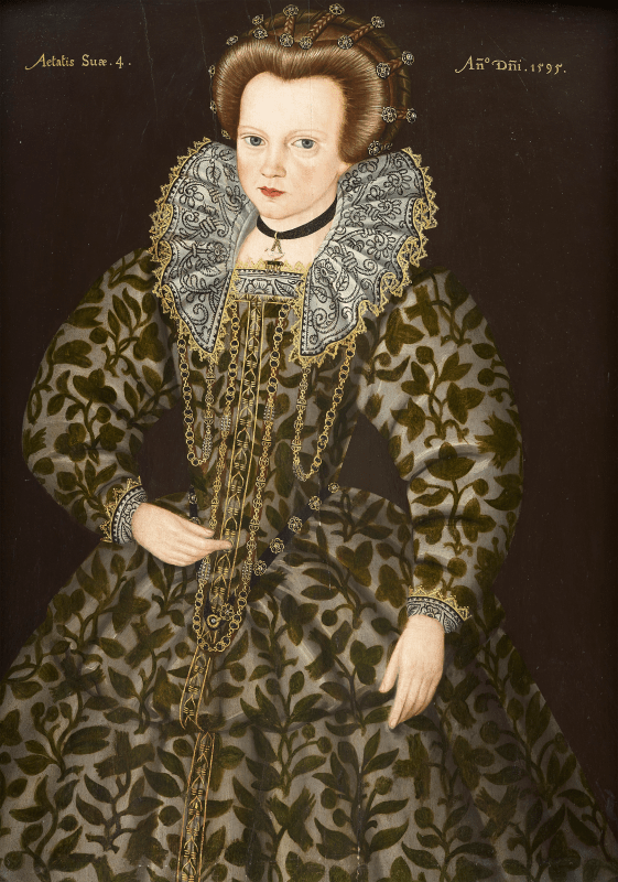 Portrait old master painting of a young Tudor girl dressed in 16th century dress and ruff