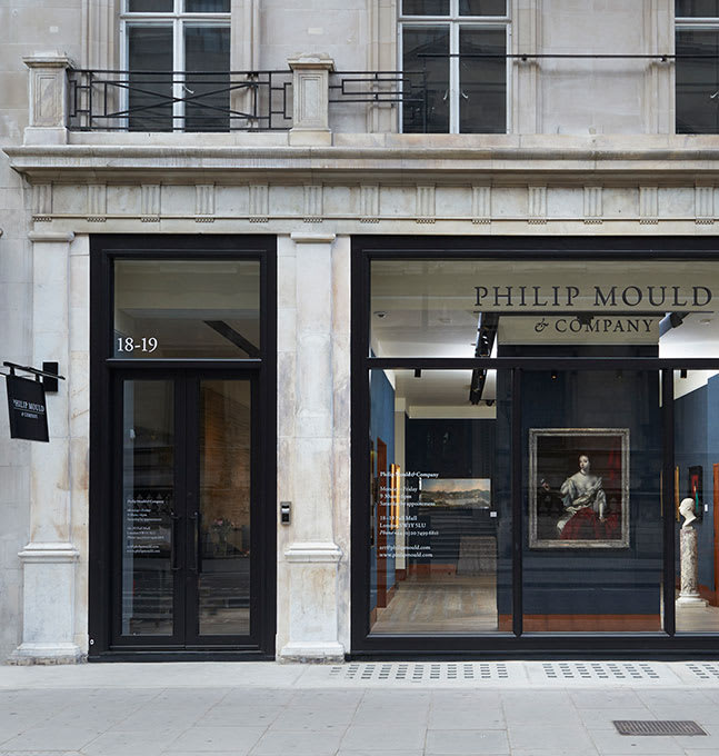 Window display at the Philip Mould gallery on Pall Mall London with Peter Lely old master painting for sale on display