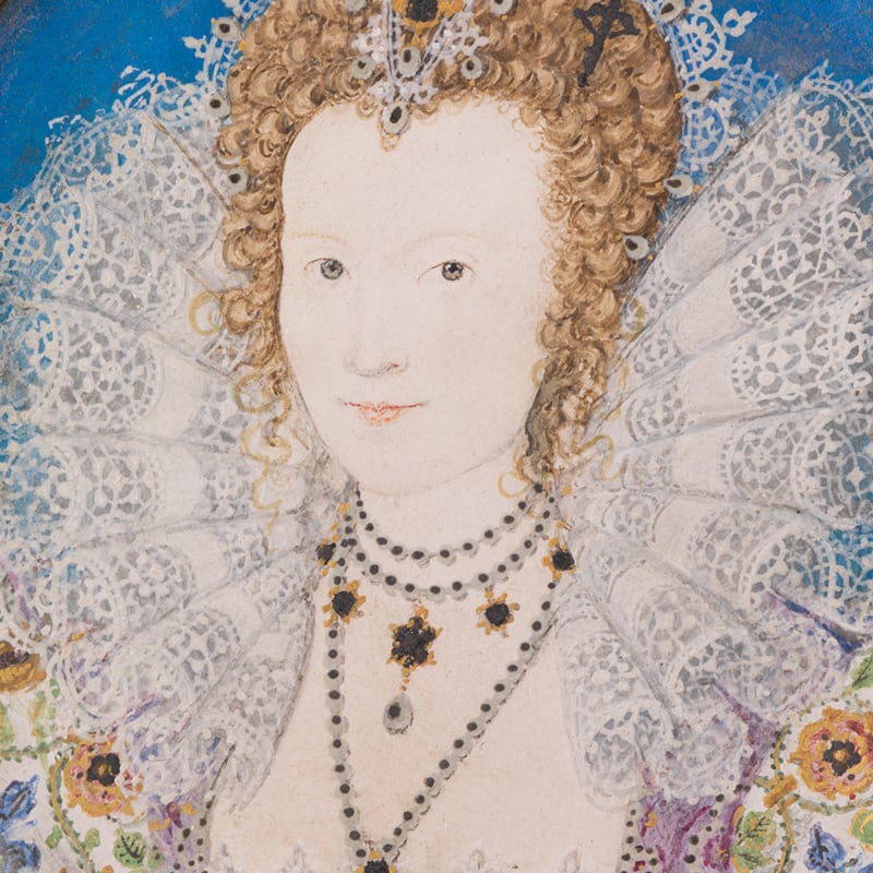 portrait miniature by nicholas hilliard of a tudor lady at court wearing a large ruff and pink dress embroidered with cornflowers