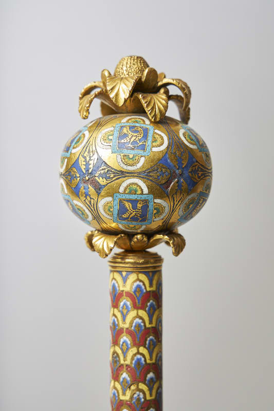 An enamelled orb from the Shrine of Saint Ursula, mounted onto an associated colonnette