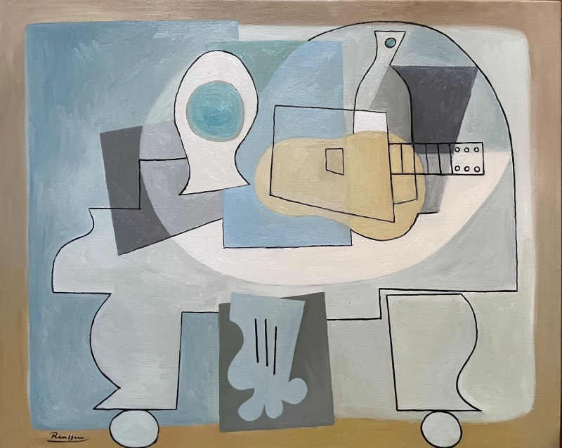 Erik Renssen, Still life with guitar, bottle, glass and piano, 2024