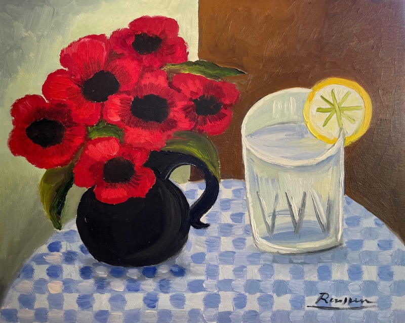 Erik Renssen, Size XXS | Poppies and glass on a table, 2024