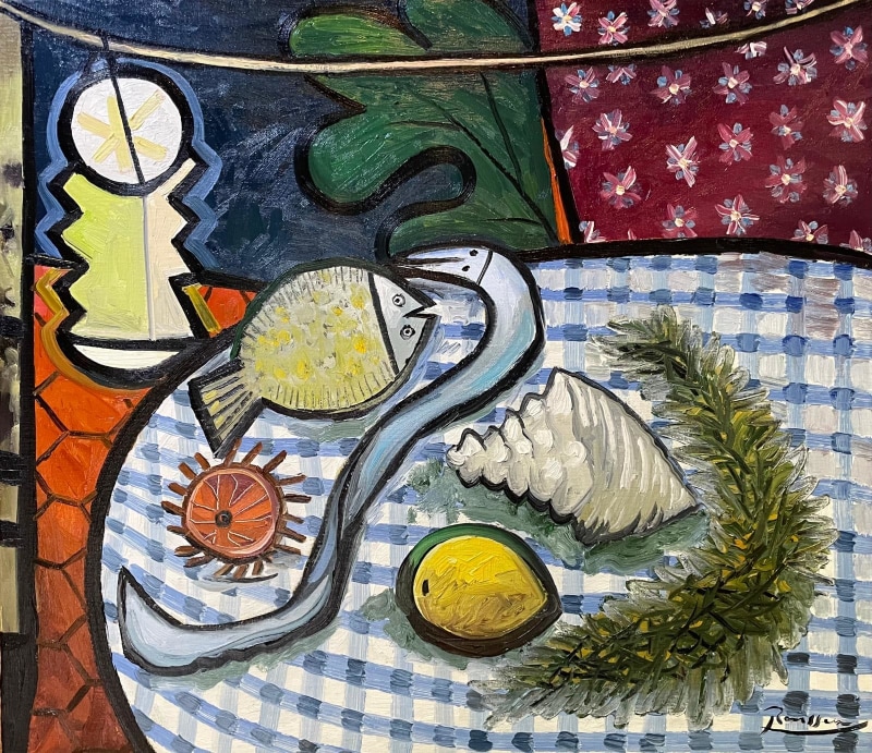 Erik Renssen, Size L | Still life with shell, fish, lemon and lantern, 2025