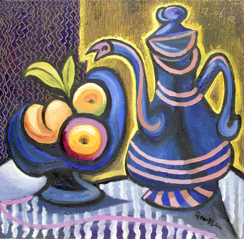 Erik Renssen, Fruit dish and coffee pot on a table, 2012