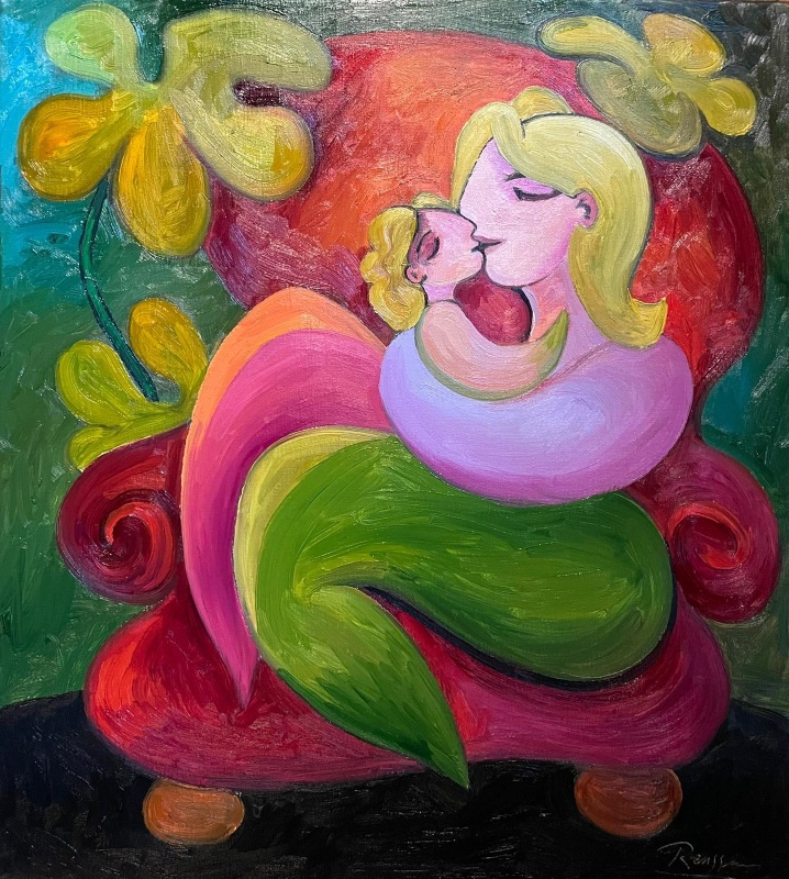 Erik Renssen, Size M | Mother and child in a red chair , 2025