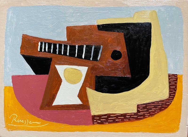 Erik Renssen, Guitar and glass on a table, 2023