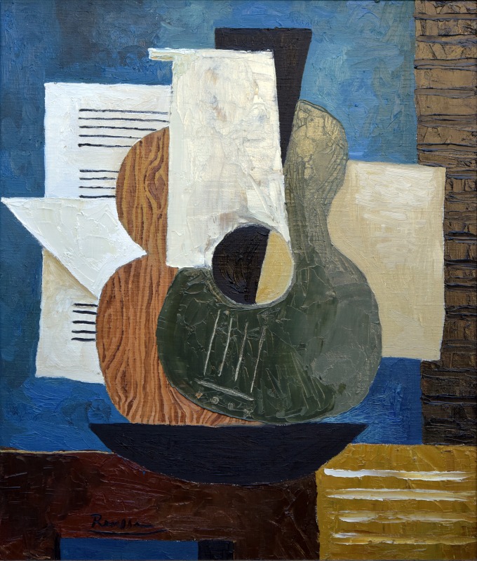 Erik Renssen, Size M | Guitar and sheet music on a table, 2023