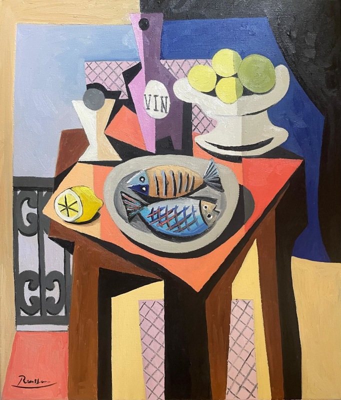 Erik Renssen, Still life with fish, bottle, glass and fruitbowl , 2025