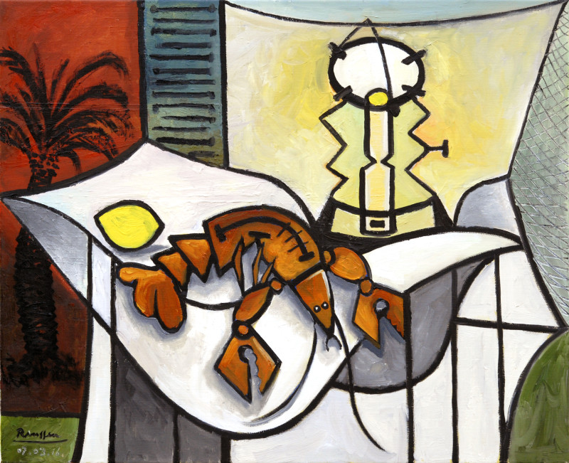 Erik Renssen, Lobster, lemon and lamp on a table, 2016