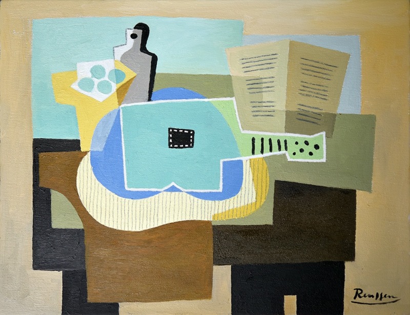 Erik Renssen, Still life with guitar, bottle and fruitbowl, 2022