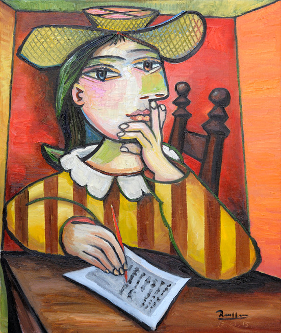 Erik Renssen, Size M | Woman in a striped dress writing a letter, 2015
