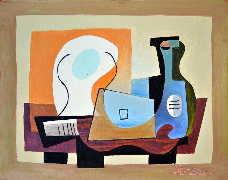 Erik Renssen, Glass, guitar and bottle on a table, 2023