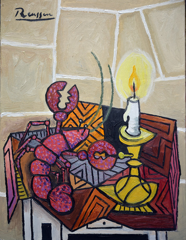 Erik Renssen, Lobster and candle on a table, 2023