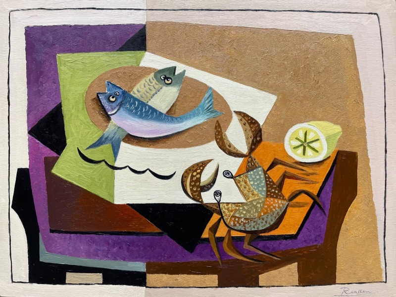 Erik Renssen, Size M | Fish, crab and lemon on a table , 2025