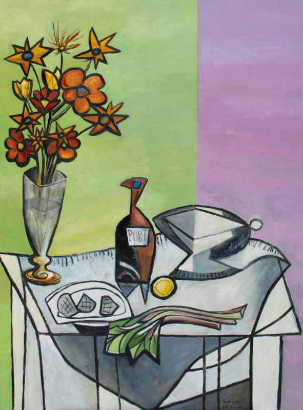 Erik Renssen, Still life with rhubarb, apples and a bottle of port, 2010