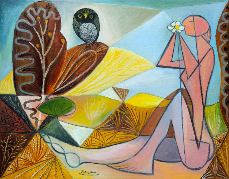 Erik Renssen, Size L | Nude and owl in a garden | edition of 10, 2018