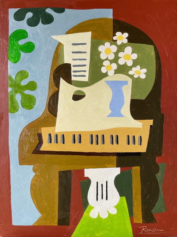 Erik Renssen, Guitar and flowers on a piano, 2024