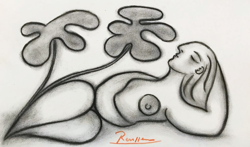 Erik Renssen, Reclining nude with leaves, 2018