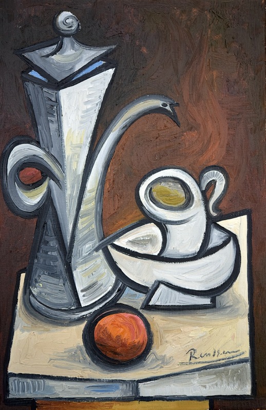 Erik Renssen, Coffee pot, cup and saucer and orange, 2023