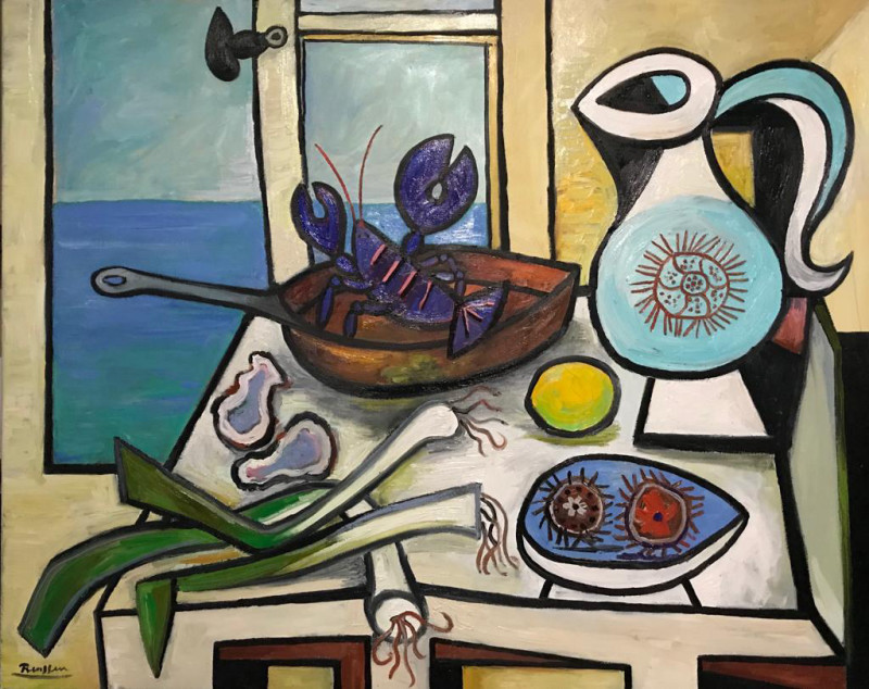 Erik Renssen, Seafood on a table in front of an open window, 2019