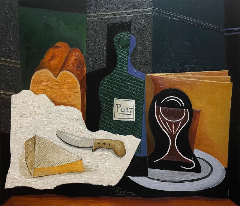 Erik Renssen, Size L | Still life with brie, bread, bottle and glass, 2025