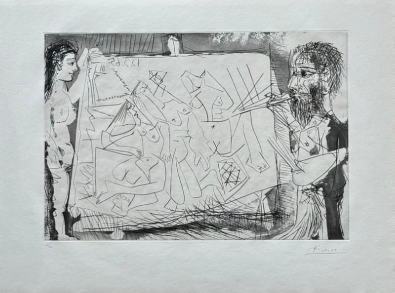 Pablo Picasso, Peintre a son chevalet avec un modele, 1965