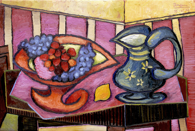 Erik Renssen, Strawberries and grapes in an orange fruit bowl, 2012