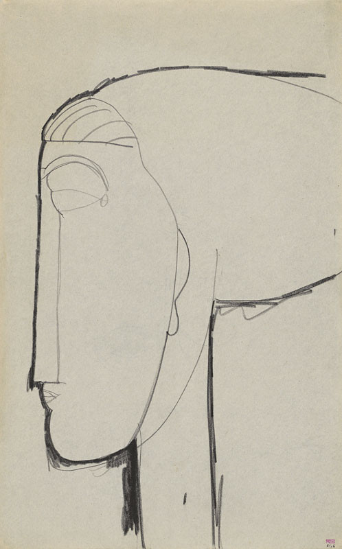 Amedeo Modigliani, Head in Left Profile with Chignon [recto] Study of Female Head, Full Face & Studies [verso], c.1911