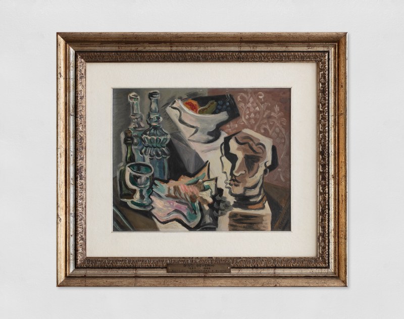 Gino Severini, Natura Morta (Bottiglie, Fruttiera e Busto), c.1950