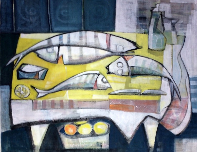 Klara Koitler (b. 1954)Still Life with Fish on a Yellow Table Top