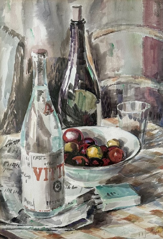 Percy Hague Jowett (1882-1955)Still Life with Fruit and Bottles, 1931