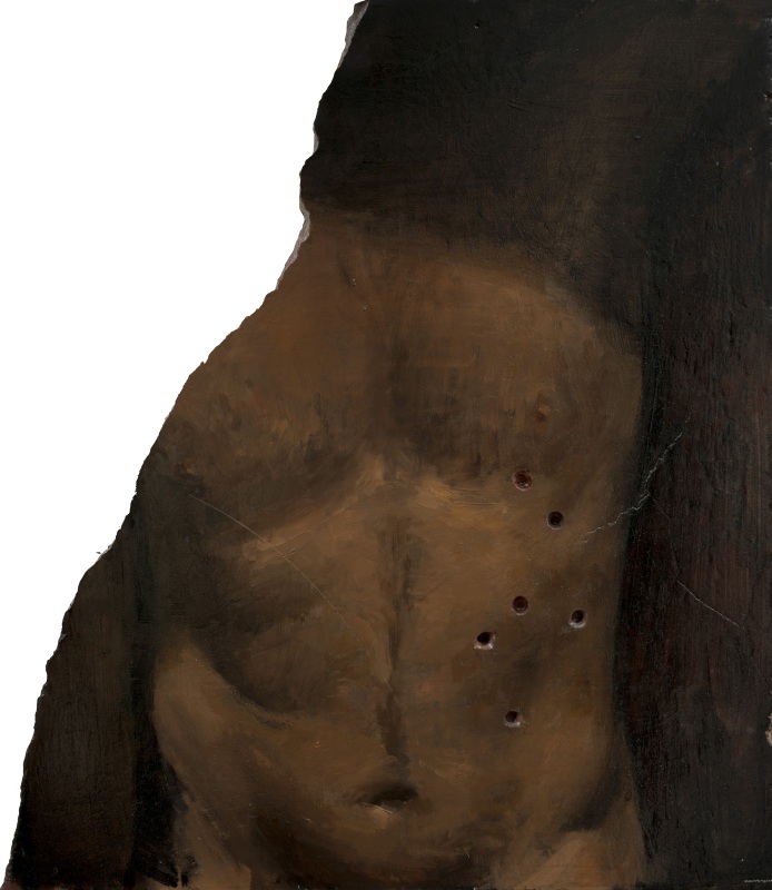 Saint Sebastian Oil on perforated red marble 59 x 50 cm 2023
